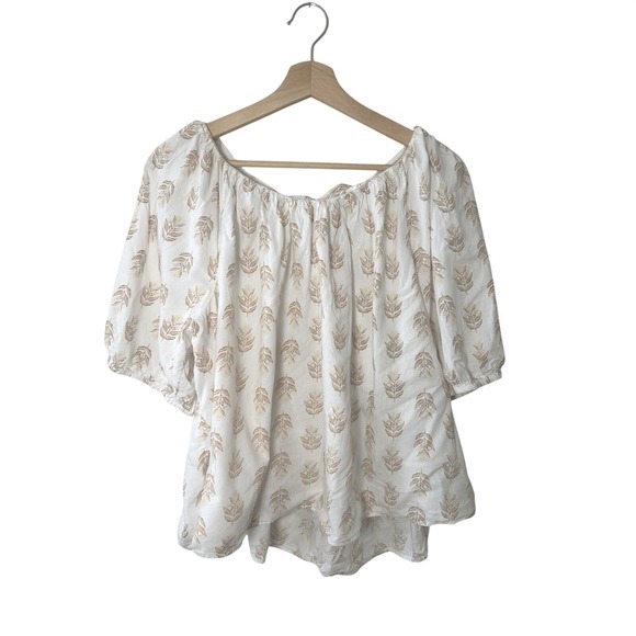 Old Navy Tops - Old Navy Floral Block Stamp Peasant Top XL Puff Sleeve Tie Back Boho Cottage